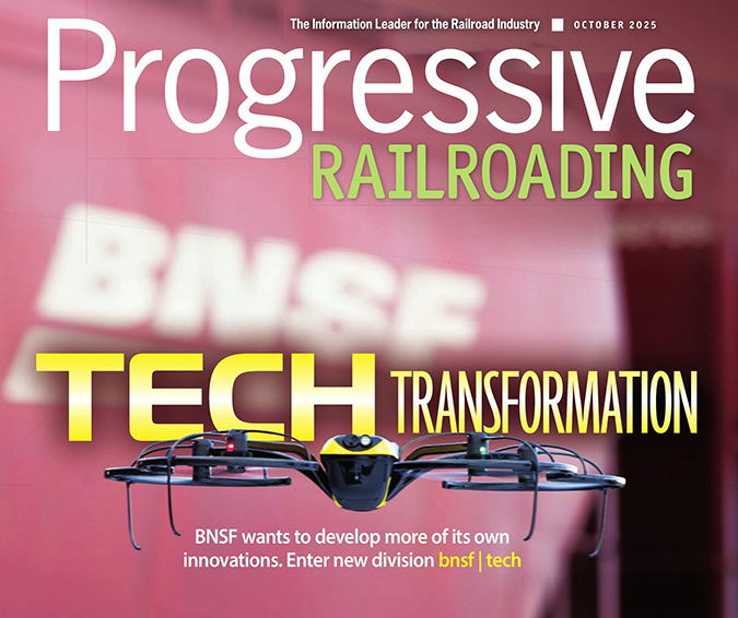 A cover of Progressive Railroading features a BNSF drone. A cover of Progressive Railroading features a BNSF drone.