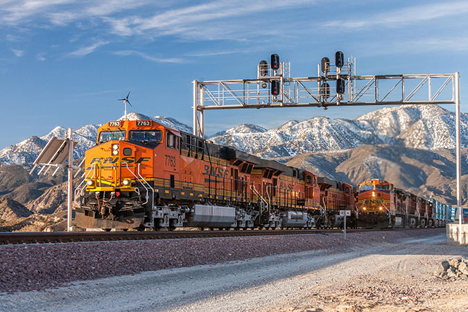 Two intermodal trains near Cajon Pass in California 