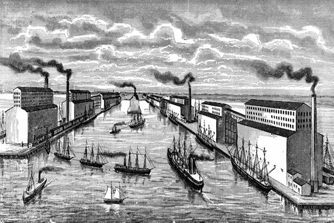 Duluth&rsquo;s original &ldquo;elevator row&rdquo; off Rice&rsquo;s Point around 1887. Image: Duluth Public Library.