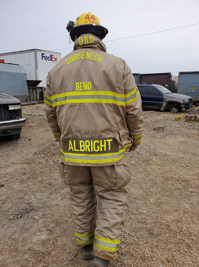 Ryan Albright is a volunteer firefighter with the Gooseneck Bend Fire Department in Oklahoma. Ryan Albright is a volunteer firefighter with the Gooseneck Bend Fire Department in Oklahoma.