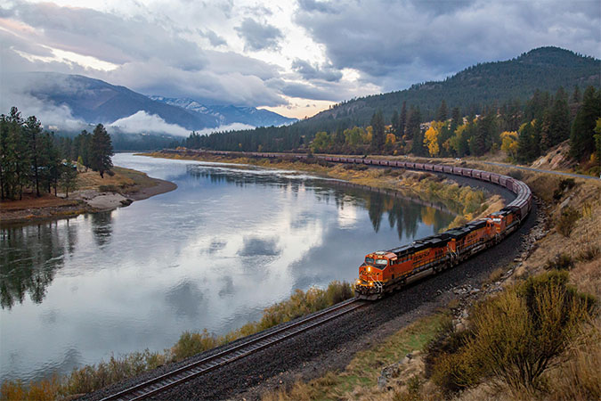 A BNSF grain train winds through southern Montana. 