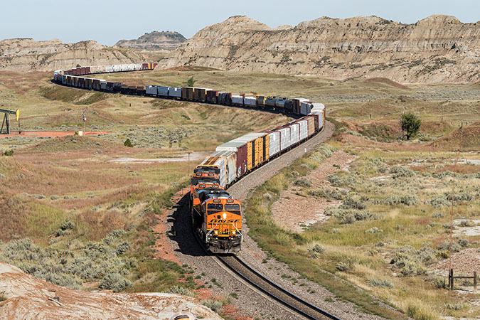 A mixed freight train snakes through Sully Springs, North Dakota, not far from Theodore Roosevelt National Park.