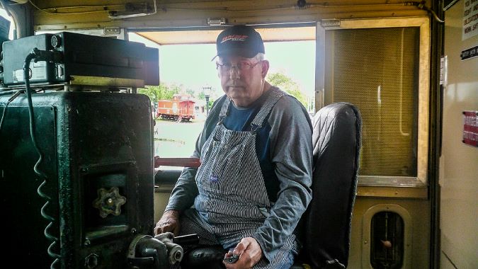 Bailey in the engineer&rsquo;s seat of Santa Fe 5008.