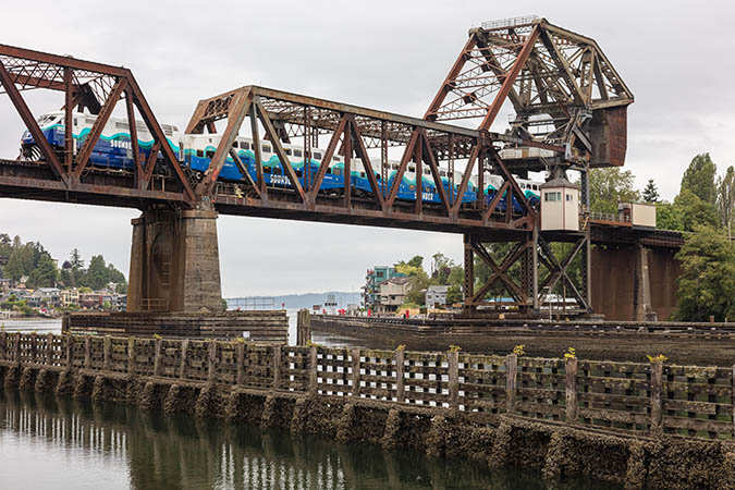 A Sounder train crosses BNSF&rsquo;s Lake Washington Ship Canal bridge in Seattle.