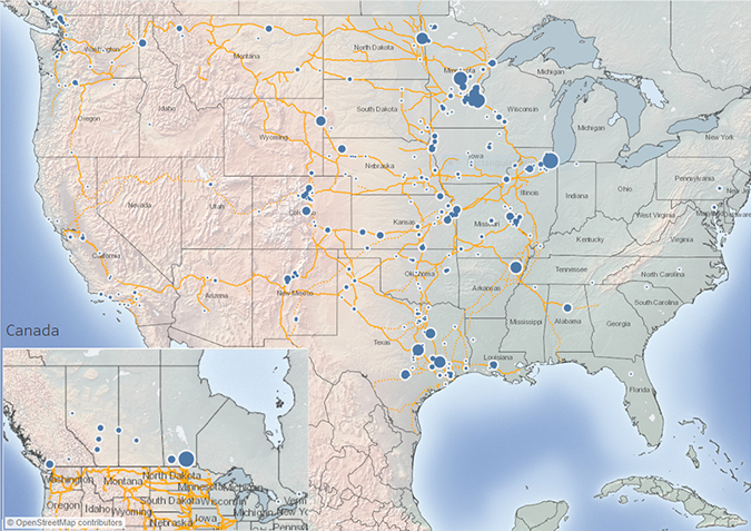A map of where first responders have logged in from to hear BNSF&rsquo;s webinars.