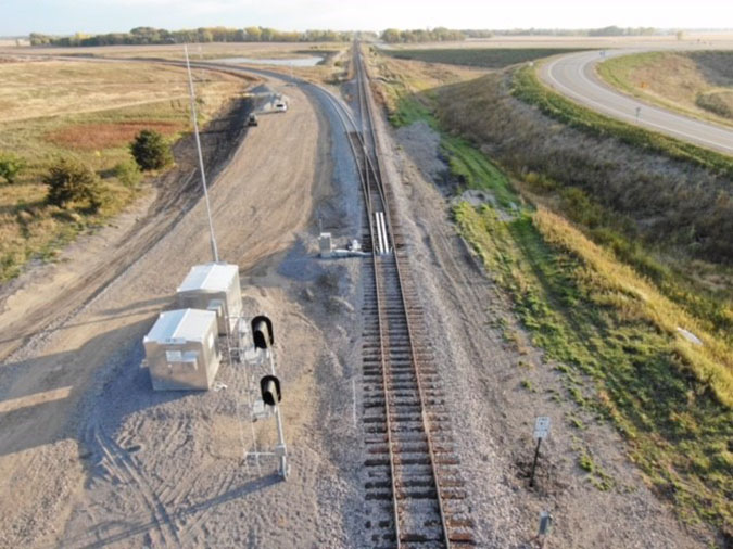 At the southern end of the bypass, the new track can be seen curving away from the pre-existing track that continues toward BNSF&rsquo;s rail yard in Willmar.