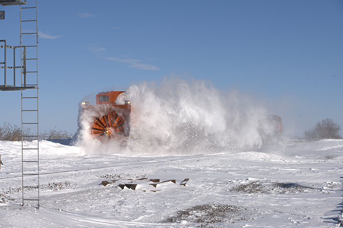 Near Tamora, Nebraska, the plow doing what it&rsquo;s designed to do &ndash; blow snow!